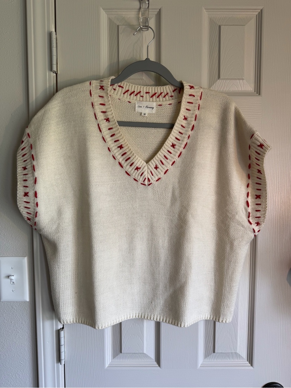 Lovers + Friends Cream V-Neck Knit Vest with Red Contrast Stitching
